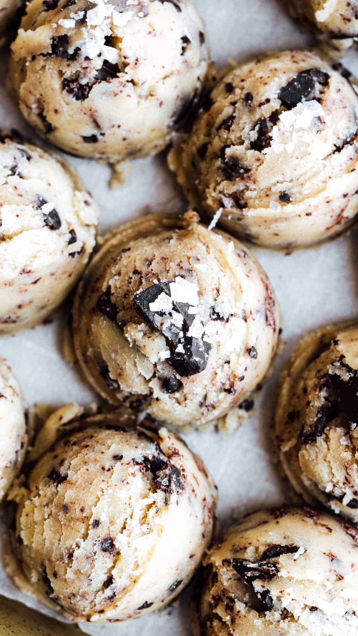 Closeup of he Ultimate Dark Chocolate Chip Cookie dough.