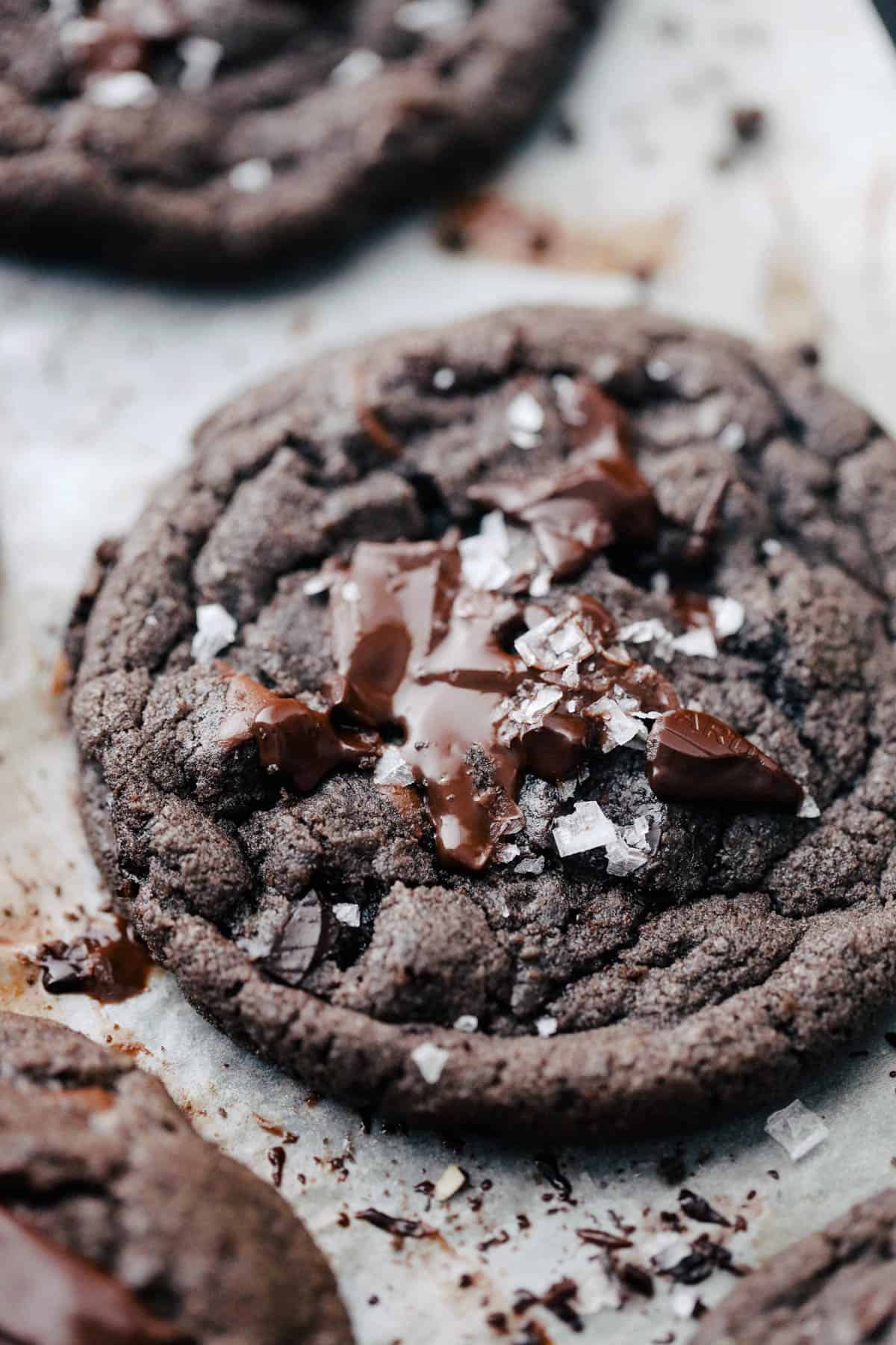 Closeup of baked chocolate cookies on parchment paper.