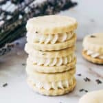 Lemon and lavender cookies filled with lemon buttercream.