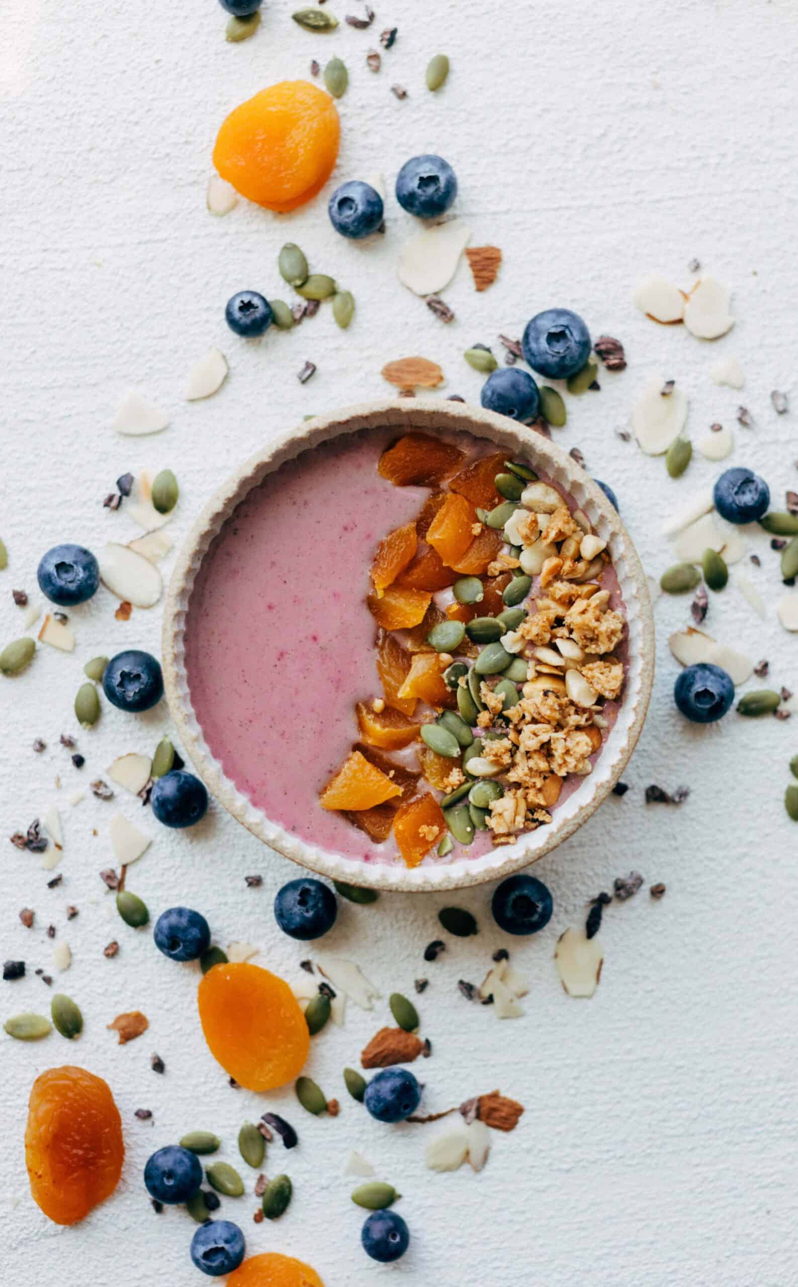 Acai Smoothie Bowl with fruits and nuts.