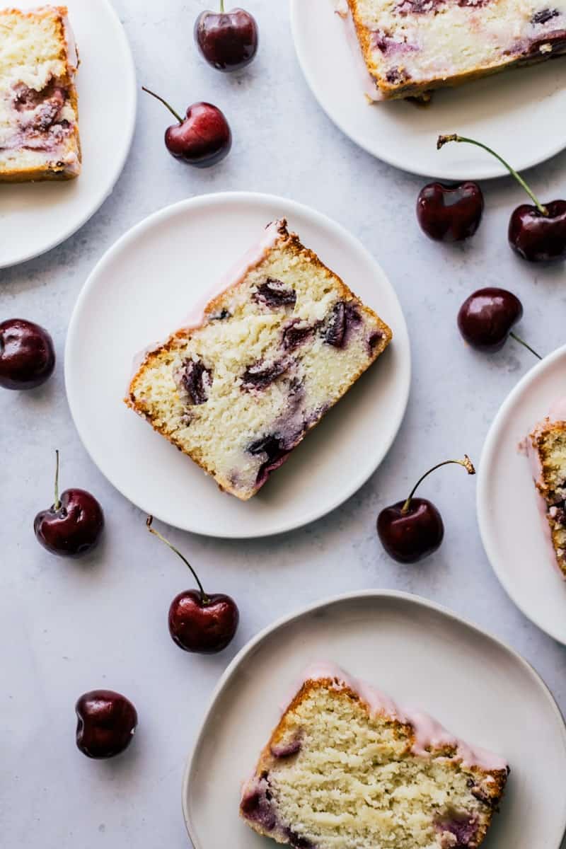 Slice of Cherry Ricotta Pound Cake with Cream Cheese Icing