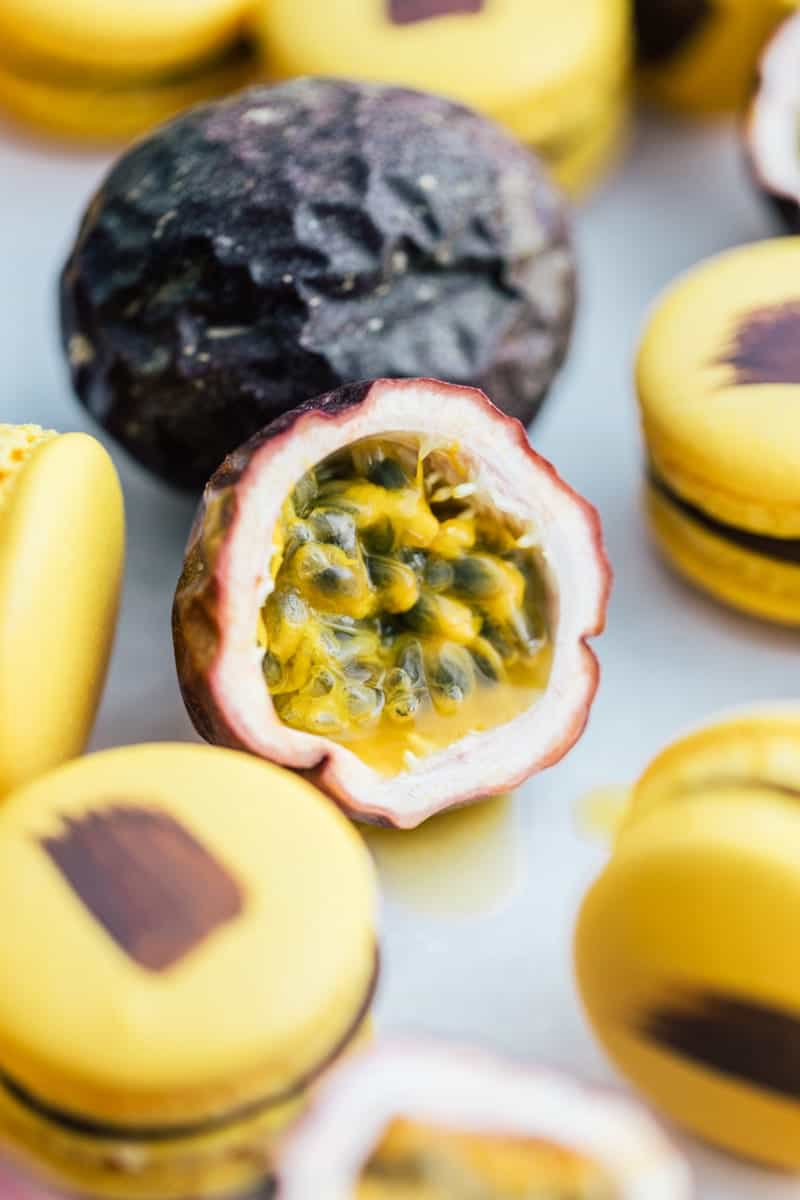 Passion fruit sliced in half.