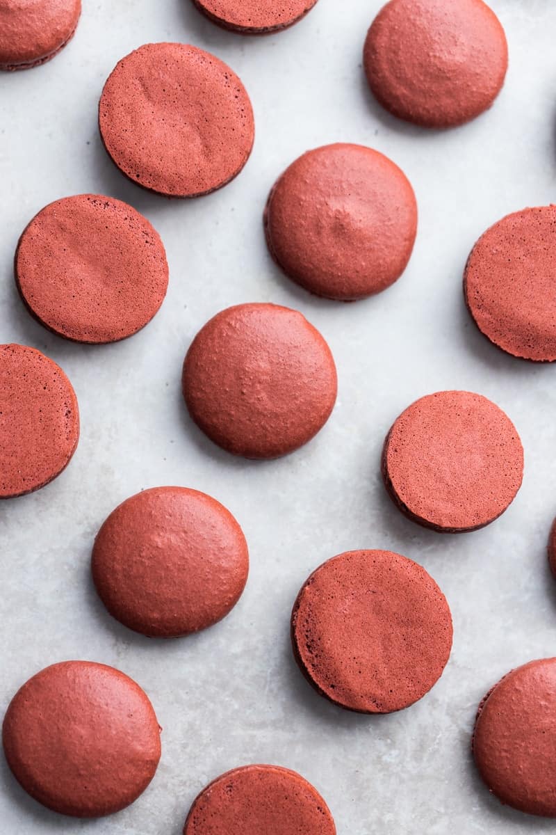 Raspberry Macaron Shells that have not been filled.