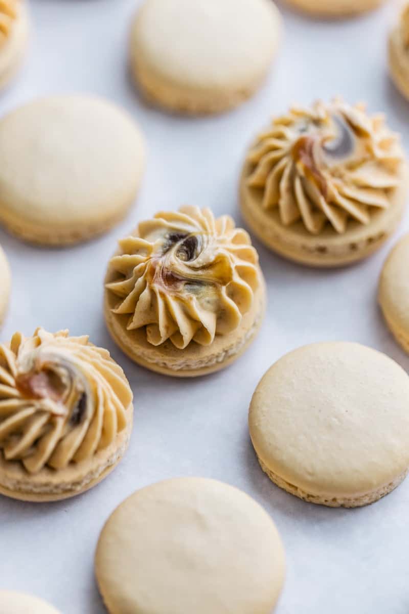 Filling Butterscotch, Salted Caramel, and Toffee Macarons.
