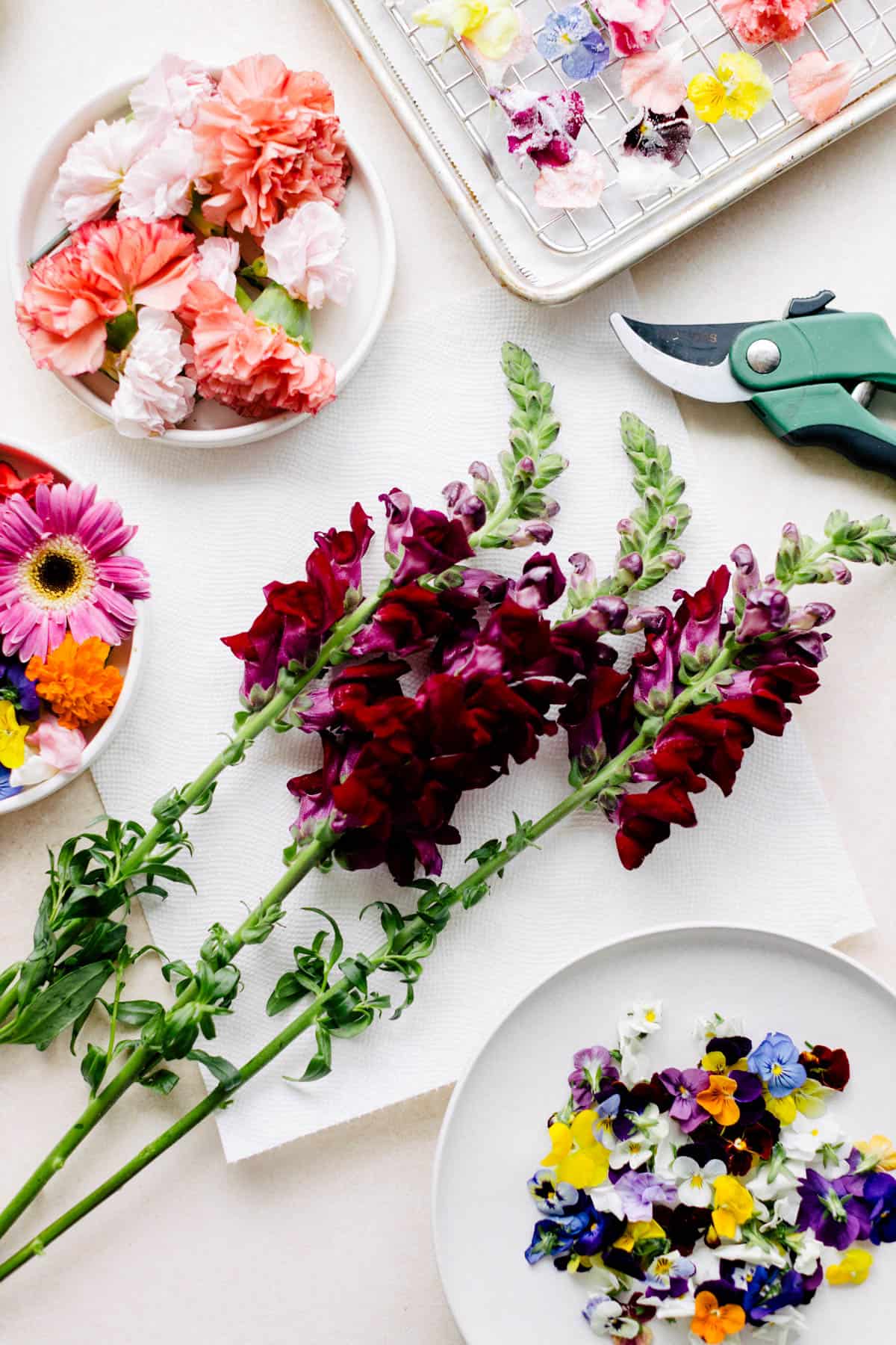 Various types of flowers in preparation to decorate cakes.