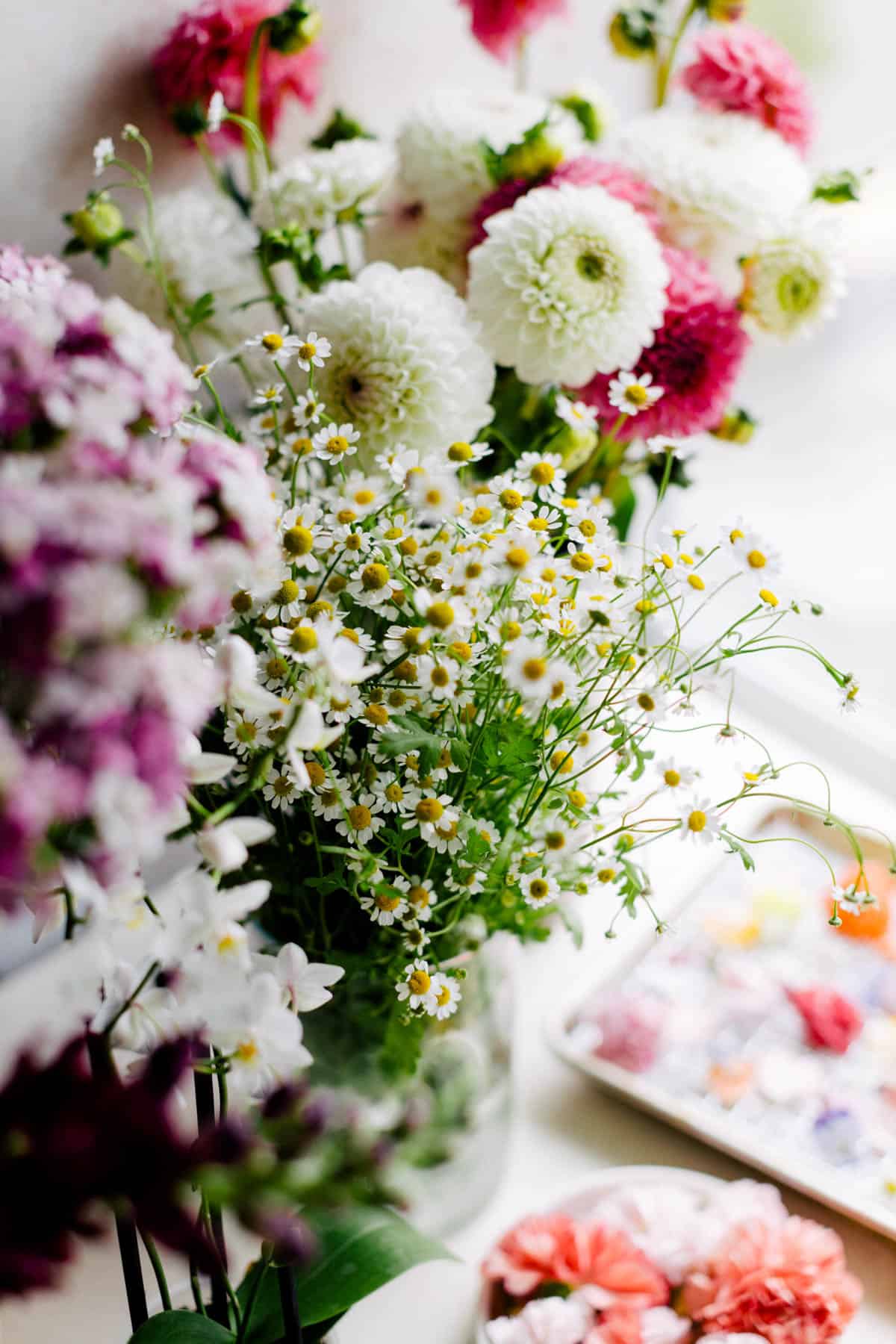 Fresh flowers being prepared to decorate cakes.