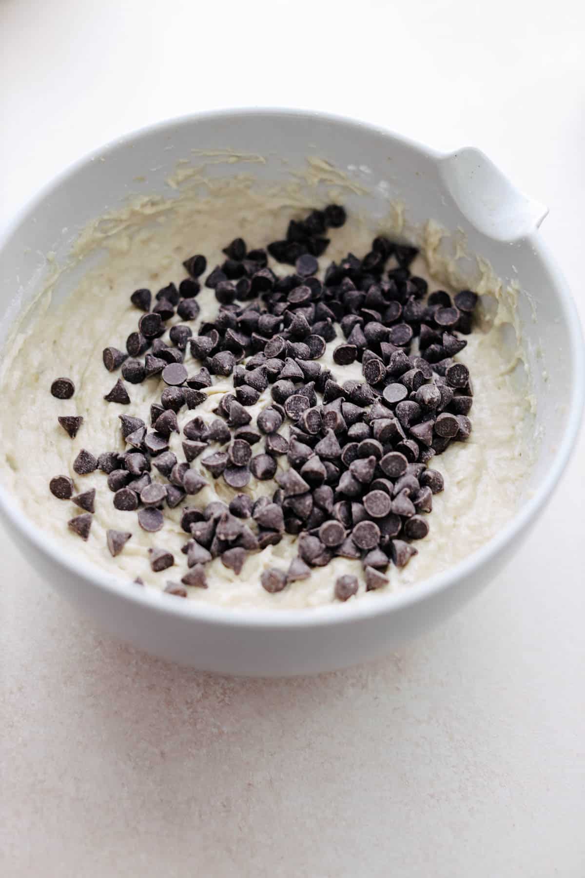 Chocolate chips in banana bread batter.