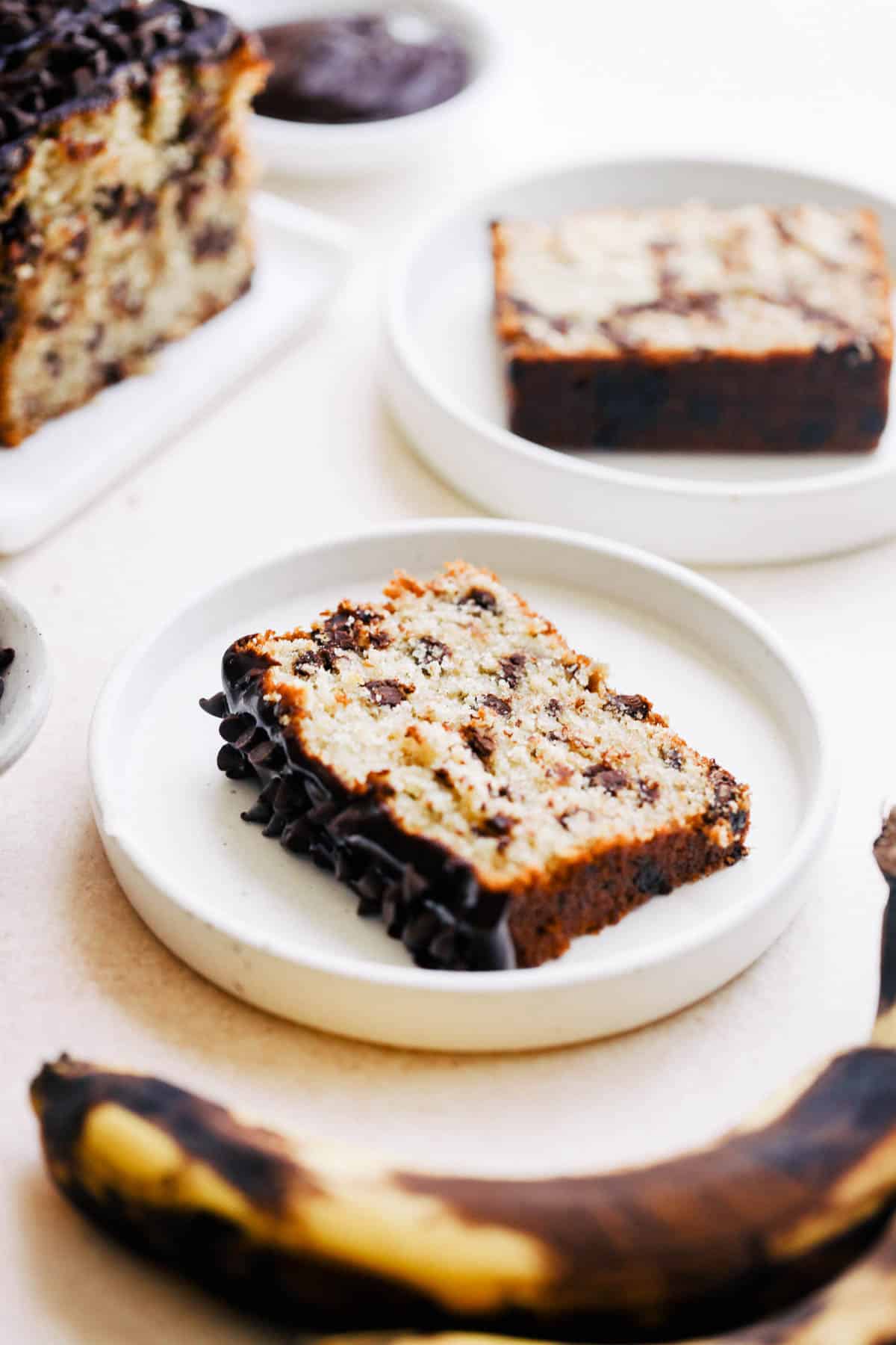 Slice of banana bread on a plate.
