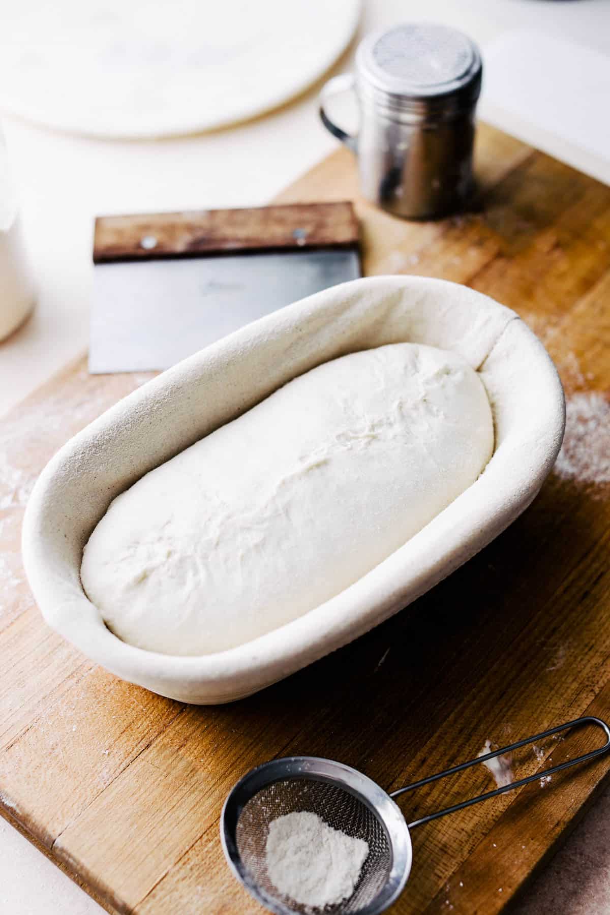 Batard sourdough in a banneton.