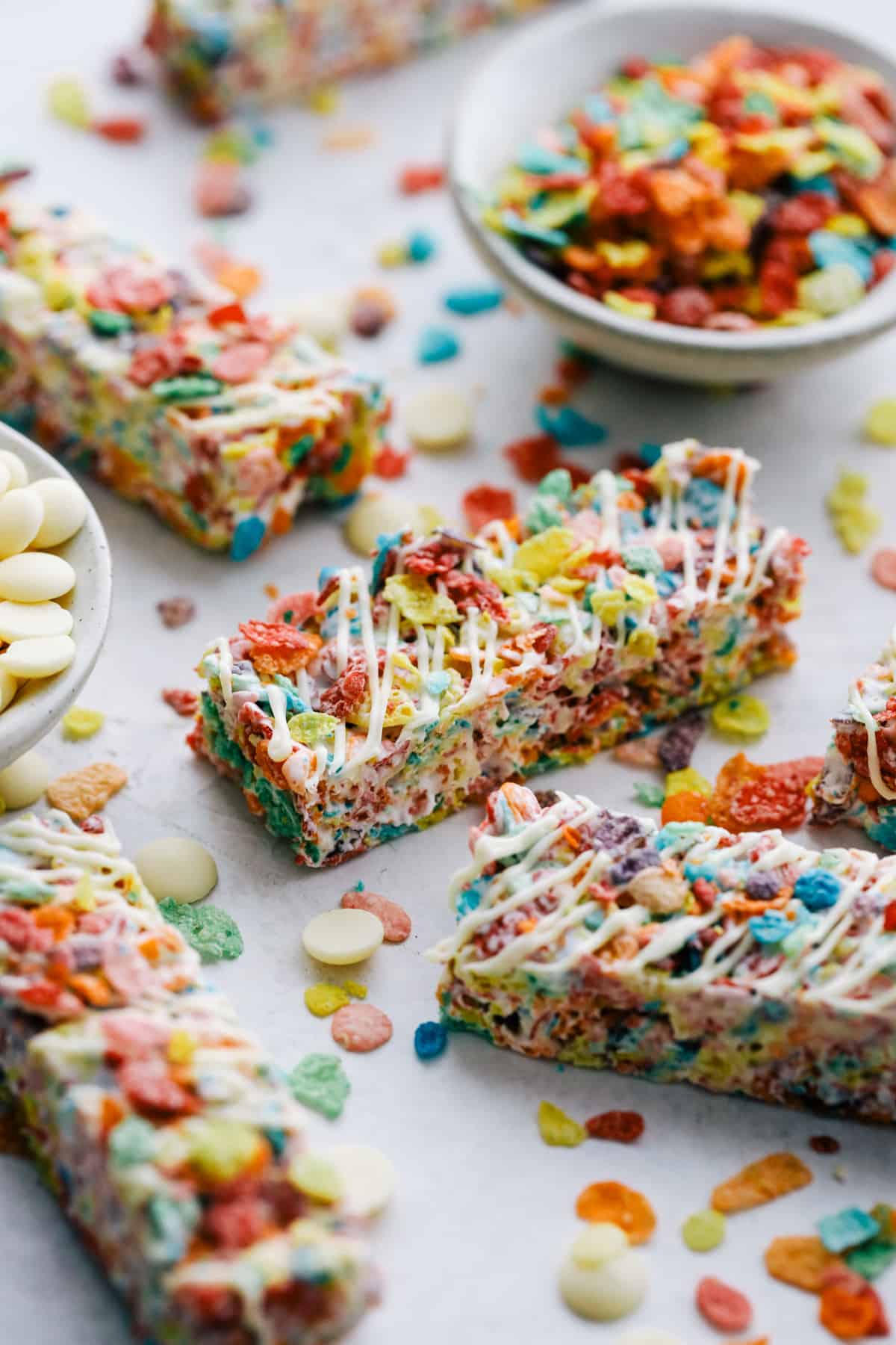 Fruity Pebbles Bars drizzled with white chocolate.