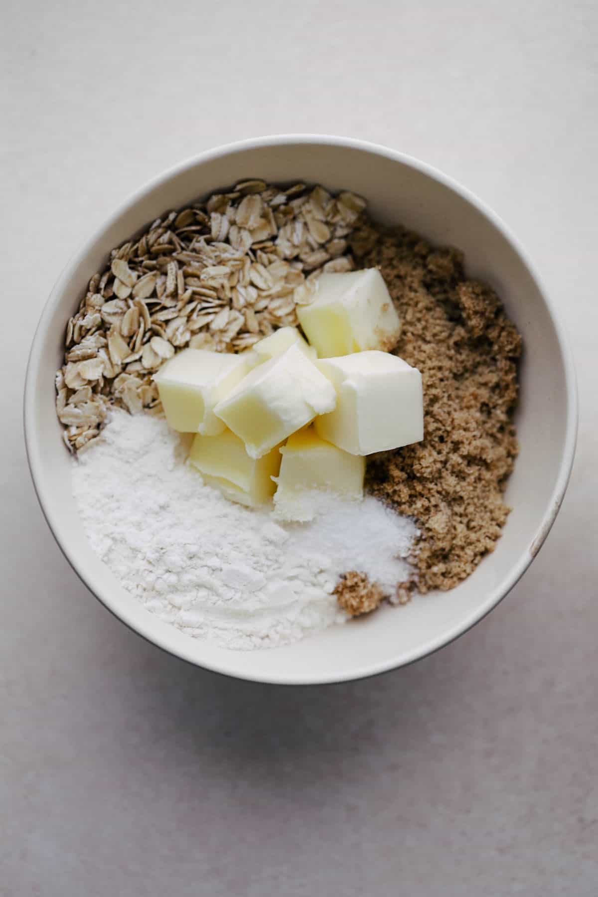 Ingredients needed to make oat crumble for banana bread.