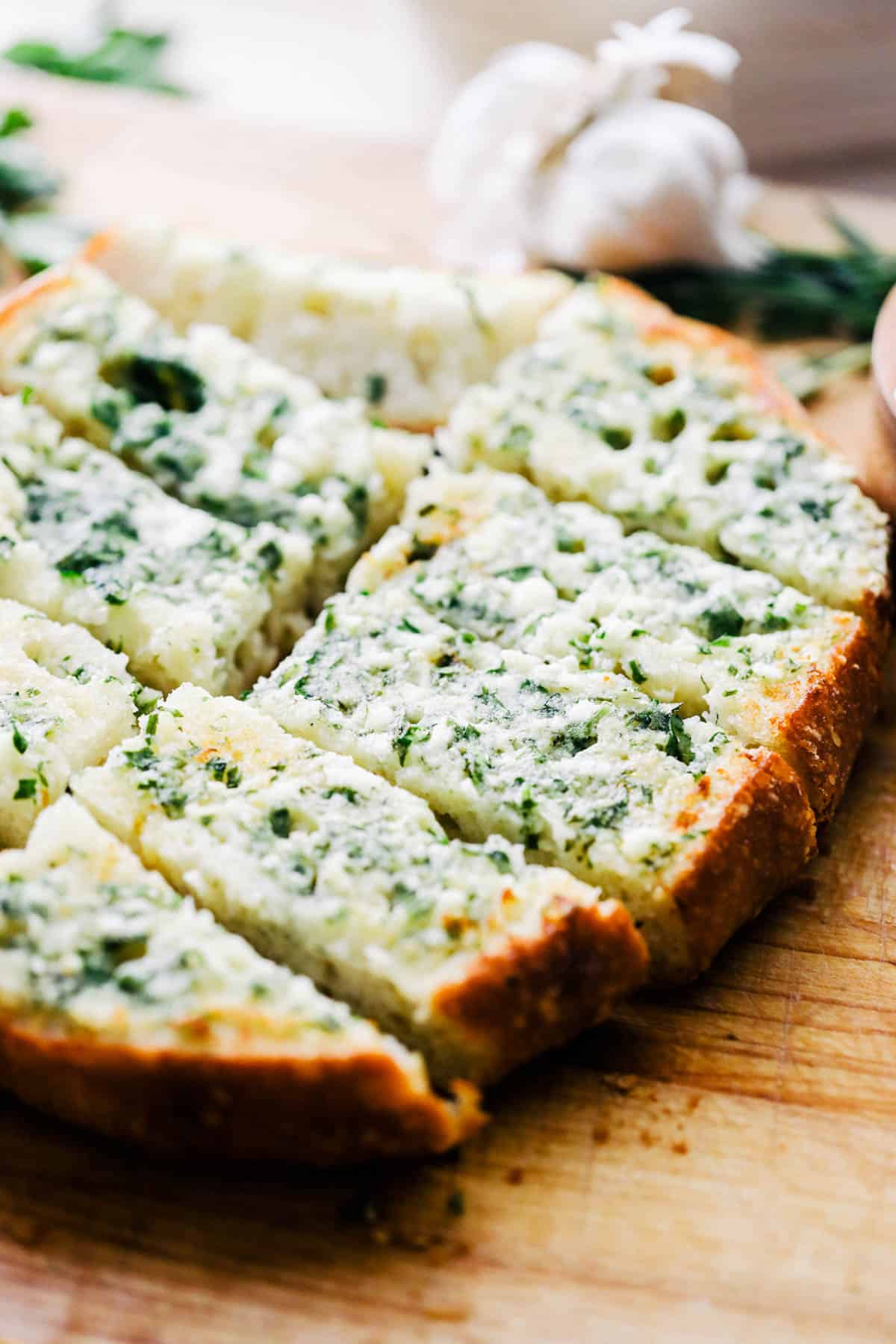Slices of sourdough garlic bread.