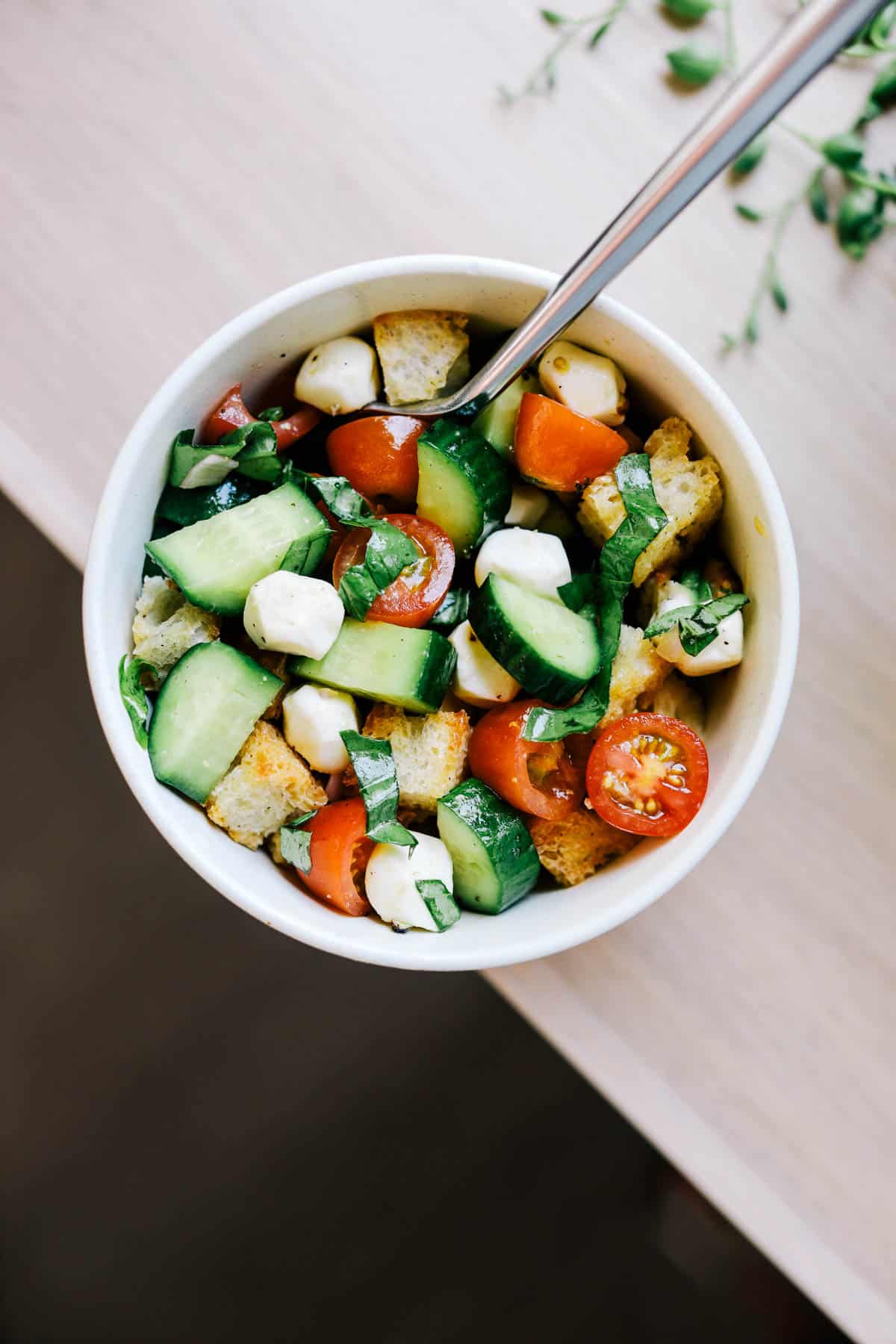 Panzanella Salad with Mozzarella in a bowl.