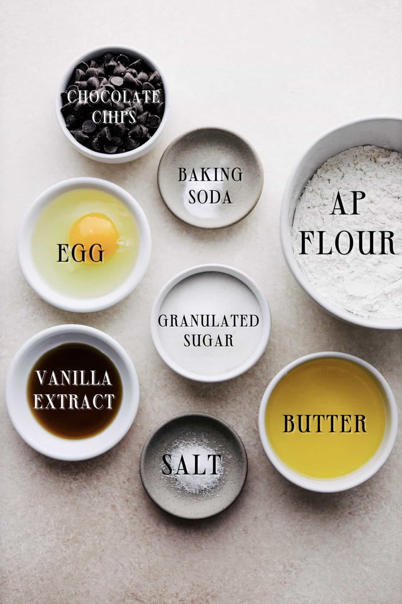 labeled shot of chocolate chip cookies without brown sugar recipe ingredients. 
