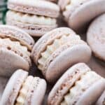 Eggnog macarons closeup with eggnog buttercream.
