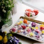 Candied flowers on a wire rack of all different colors.