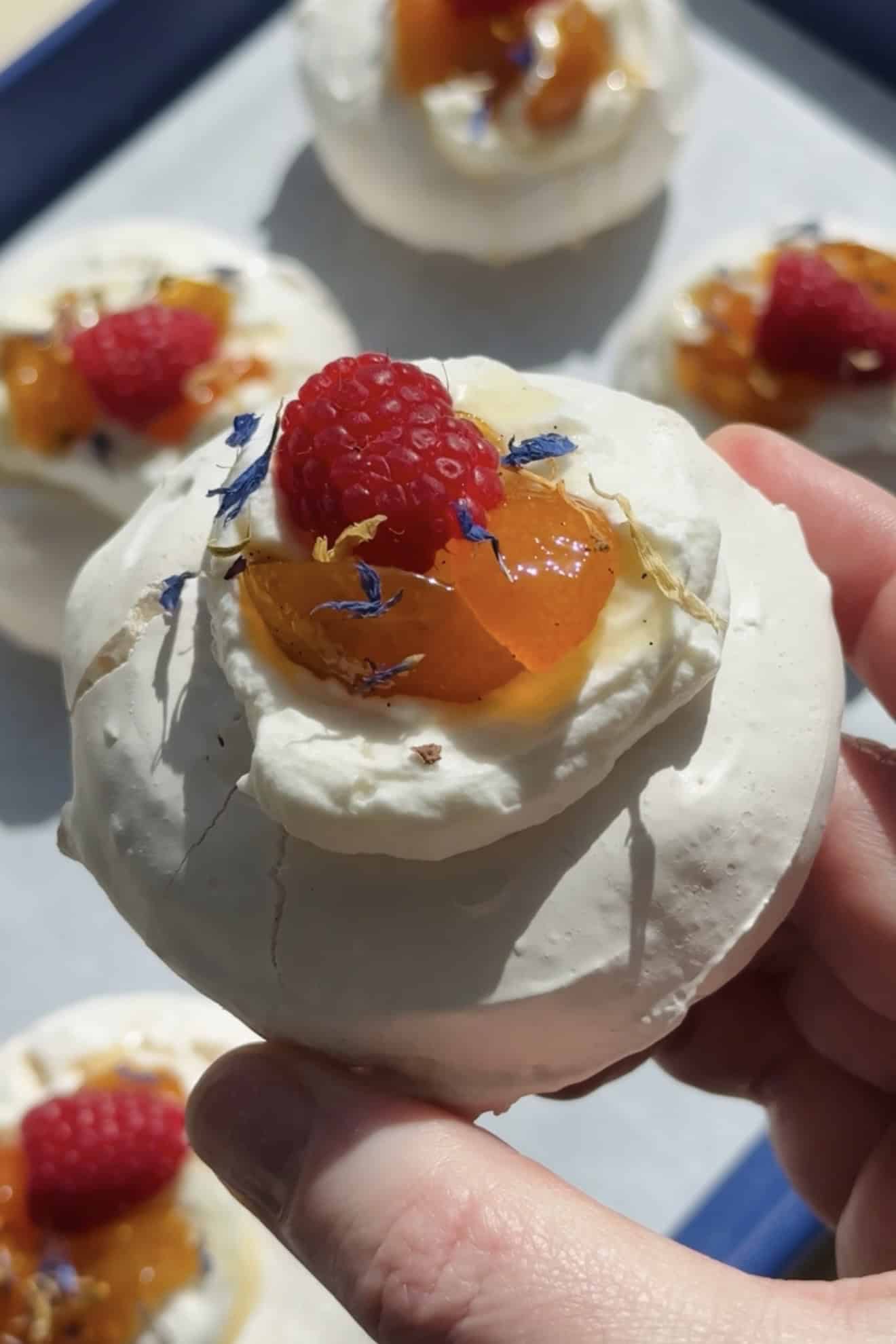 Candied Kumquat Pavlova Nest held in a hand.