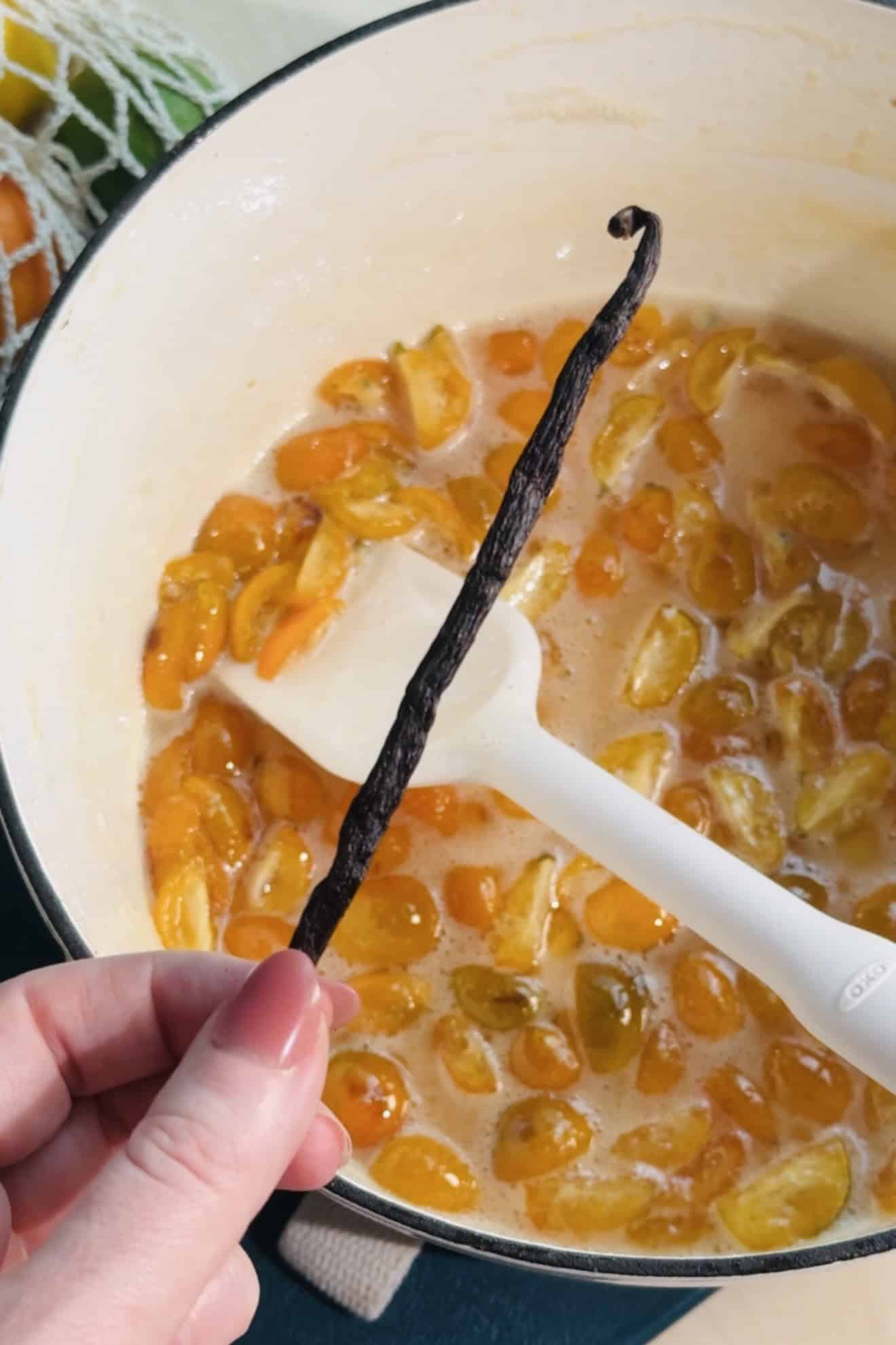 One vanilla bean held to be added to the candied kumquats. 